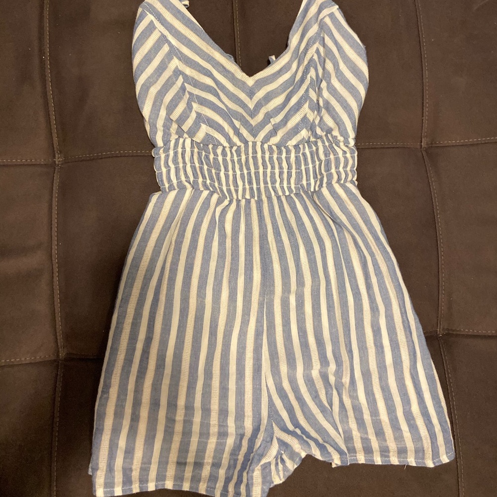 Sky blue & white stripped ROMPER ties in the back
